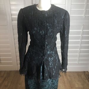 Vtg Teal 2 Piece Skirt Suit Set M Lace Overlay Peplum 80s 90s Holiday Wedding